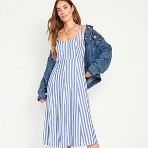 Old Navy Fit & Flare Linen-Blend Midi Dress blue stripe